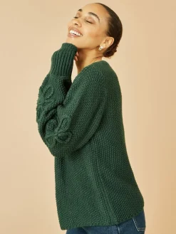 Yumi Edge to Edge Cardigan With Flower Detail Sleeves Green Clearance