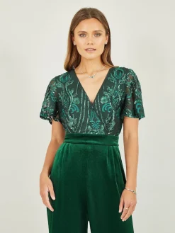 Yumi Sequin Embellished Velvet Jumpsuit With Angel Sleeves Green Online