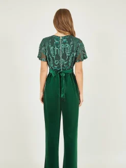 Yumi Sequin Embellished Velvet Jumpsuit With Angel Sleeves Green Online