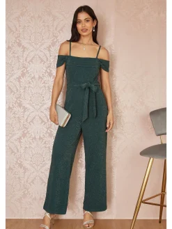 Yumi Green Sparkle Stretch Bardot Jumpsuit Discount