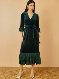 Yumi Green Velvet Wrap Midi Dress With Contrast Hemline Clearance