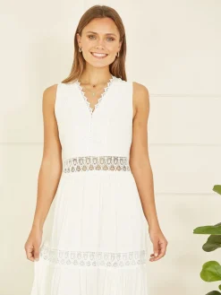Yumi Lace Trim Sun Dress White New